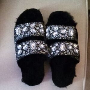 Michael Kors Black Furry Slipper Slides with Rhinestone Straps 9.5